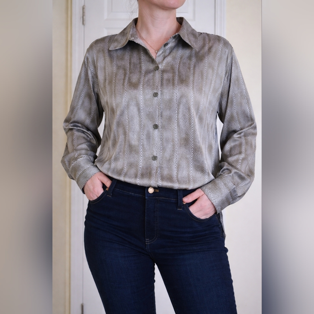 Open Edit Snake Print Dot Satin Button-Up Shirt